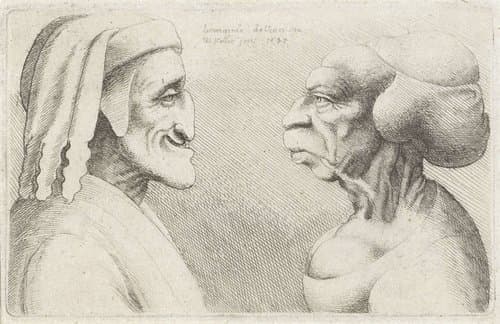 Misvormde karikatuurkoppen van een man met muts(Dante?) en vrouw by Wenceslaus Hollar