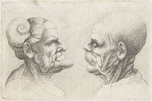 Misvormde koppen van een kale man en vrouw met hoornen op het hoofd by Wenceslaus Hollar