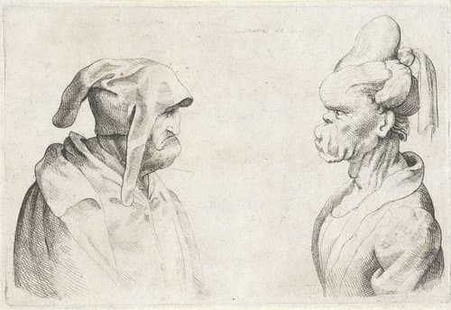 Misvormde koppen van een man met slappe muts en vrouw met opgebonden haar by Wenceslaus Hollar