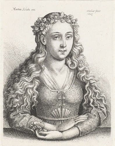 Portret van vrouw met bloem en een lauwerkrans van eikenbladeren by Wenceslaus Hollar