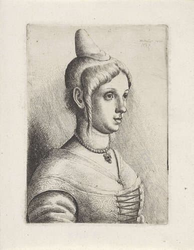 Portret van een jonge vrouw met een kegelvormig hoedje by Wenceslaus Hollar