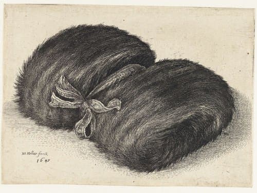 Mof van bont versierd met een lint by Wenceslaus Hollar