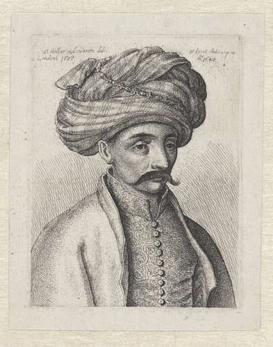 Portret van een Turkse man met snor en tulband by Wenceslaus Hollar