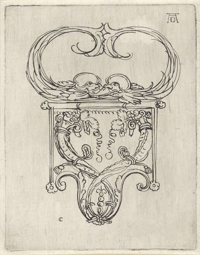 Ornament met twee dolfijnen en hoornen des overvloeds by Wenceslaus Hollar