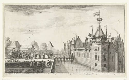De graaf en gravin von Thurn und Taxis brengen een bezoek aan het kasteel van Alexander Roelants te Hemiksem, 1650 by Wenceslaus Hollar