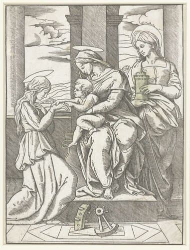 Maria met kind zittend op een troon tussen de heiligen Catharina en Barbara by anonymous
