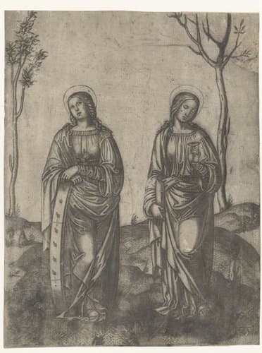 Heiligen Catharina met gebroken wiel en Lucia met ogen op schaaltje