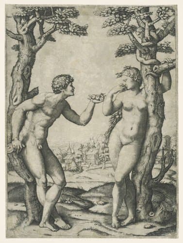 Zondeval van Adam en Eva bij boom van kennis van goed en kwaad met slang by Marcantonio Raimondi