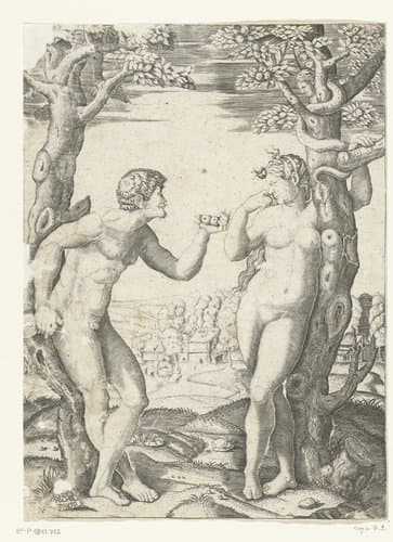 Zondeval van Adam en Eva bij boom van kennis van goed en kwaad met slang by Monogrammist NF (graveur)