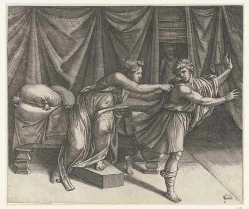 Jozef en de vrouw van Potifar by Marcantonio Raimondi