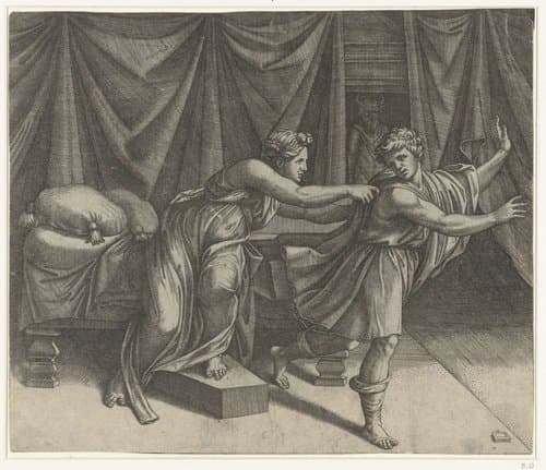 Jozef en de vrouw van Potifar by Marcantonio Raimondi