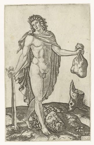David met slinger en zak stenen en hoofd van Goliath by Marcantonio Raimondi