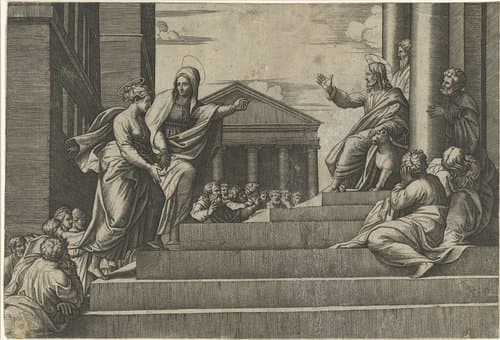 Marta leidt Maria Magdalena naar prekende Christus by Marcantonio Raimondi