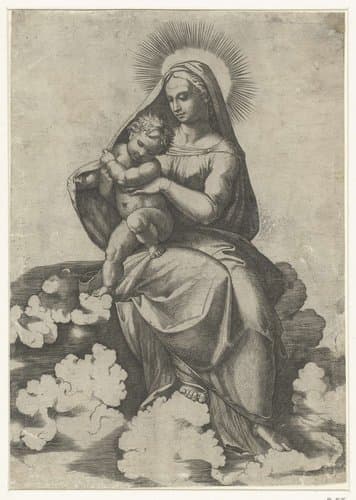 Maria met kind zittend op wolken by Marcantonio Raimondi