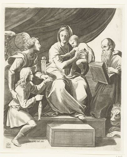 Maria met kind geflankeerd door aartsengel Michaël met Tobias met vis en heilige Hieronymus by Marco Dente