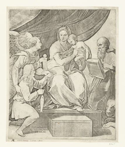 Maria met kind geflankeerd door aartsengel Michaël met Tobias met vis en heilige Hieronymus by Marco Dente