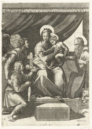 Maria met kind geflankeerd door aartsengel Michaël met Tobias met vis en heilige Hieronymus by anonymous