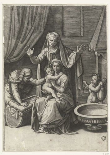Maria met kind en heiligen Anna en Elisabet bij wieg en engel met waterkan bij schaal met water by Marcantonio Raimondi