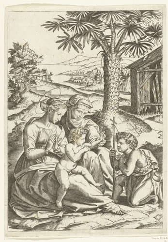 Maria met kind en heilige Elisabet met Johannes de Doper bij palmboom by anonymous