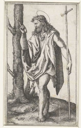 Johannes de Doper met kruisstaf by Marcantonio Raimondi