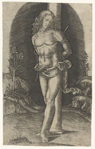 Heilige Sebastiaan vastgebonden aan zuil by Marcantonio Raimondi