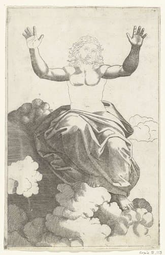 Christus zittend op wolken met opgeheven armen by anonymous