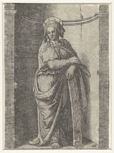 Heilige Catharina staand in nis met gebroken wiel by Marcantonio Raimondi