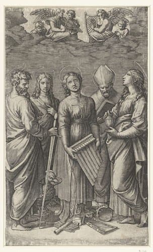Heilige Cecilia met muziekinstrumenten omringd door vier heiligen by Marcantonio Raimondi