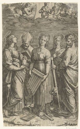 Heilige Cecilia met muziekinstrumenten omringd door vier heiligen by Marco Dente