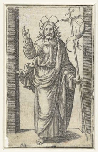 Christus met kruisvaandel maakt zegenend gebaar by Marcantonio Raimondi