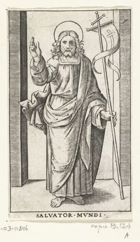 Christus met kruisvaandel maakt zegenend gebaar by anonymous