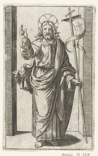 Christus met kruisvaandel maakt zegenend gebaar by anonymous
