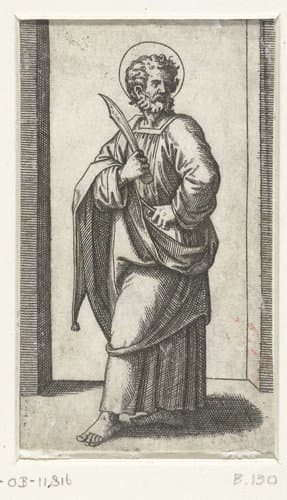 Apostel Bartolomeüs met mes by Marcantonio Raimondi
