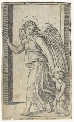 Beschermengel Raphael leidt Tobias aan hand by Marcantonio Raimondi