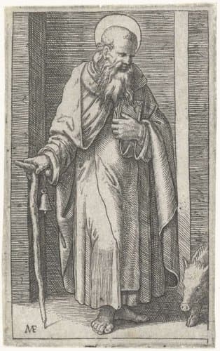 Heilige Antonius de Grote met taukruis en varken by Marcantonio Raimondi
