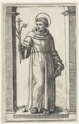 Heilige Antonius van Padua met lelie en hart by Marcantonio Raimondi