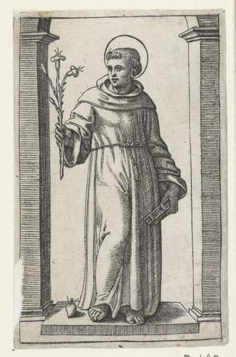 Heilige Antonius van Padua met lelie en hart by Marcantonio Raimondi