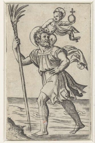 Heilige Christoffel met Christuskind by Marcantonio Raimondi