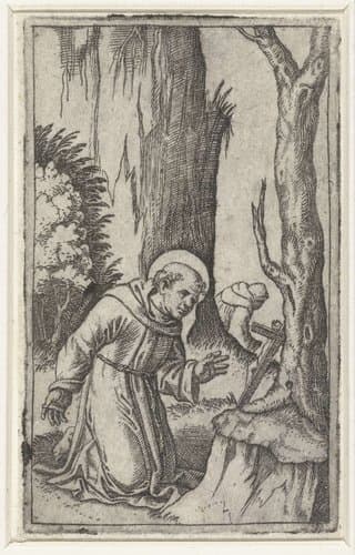 Heilige Franciscus van Assisi knielend voor crucifix by Marcantonio Raimondi