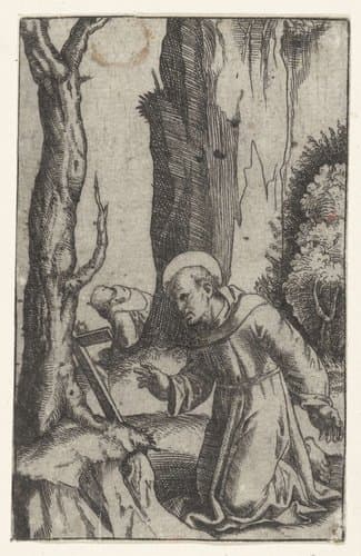 Heilige Franciscus van Assisi knielend voor crucifix by anonymous
