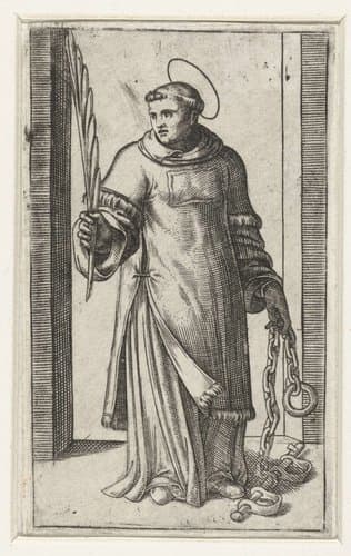 Heilige Leonardus als diaken met boeien by Marcantonio Raimondi
