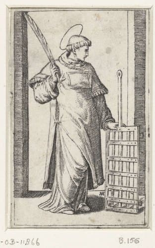 Heilige Laurentius als diaken met rooster by Marcantonio Raimondi