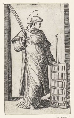 Heilige Laurentius als diaken met rooster by Marcantonio Raimondi