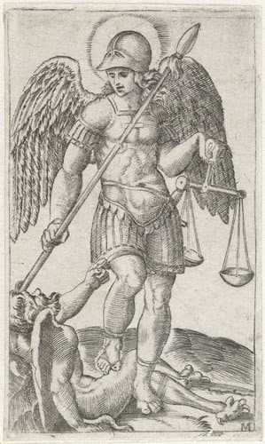 Aartsengel Michaël staand op duivel met speer en weegschaal by anonymous