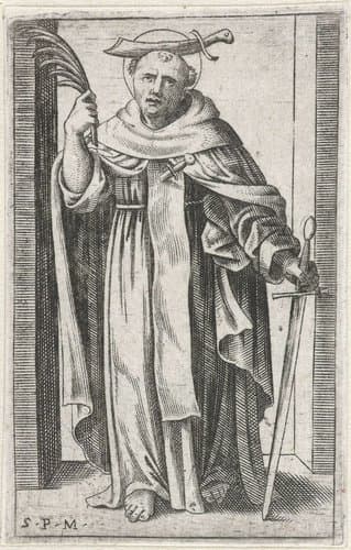 Heilige Petrus Martyr met mes in schedel by Marcantonio Raimondi