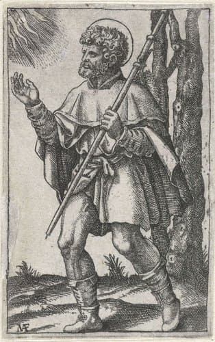 Heilige Rochus als pelgrim met pelgrimsstaf en pestbult op been by Marcantonio Raimondi