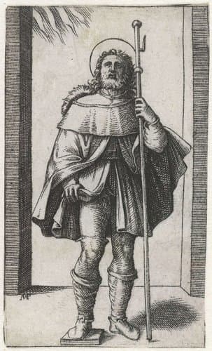 Heilige Rochus als pelgrim met pelgrimsstaf toont pestbult op been by Marcantonio Raimondi