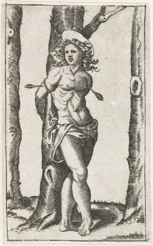Heilige Sebastiaan vastgebonden aan boom met pijlen in lichaam by anonymous