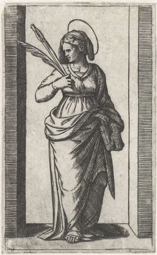 Heilige Apollonia met nijptang met tand by Marcantonio Raimondi