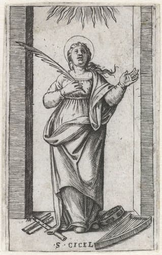 Heilige Cecilia met muziekinstrumenten by Marcantonio Raimondi
